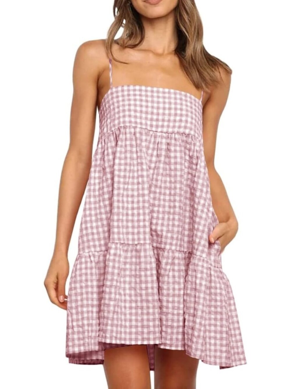 Women's Summer Plaid Mini Dress Spaghetti Strap Bean Red Sundress with Pockets - Picture 1 of 5